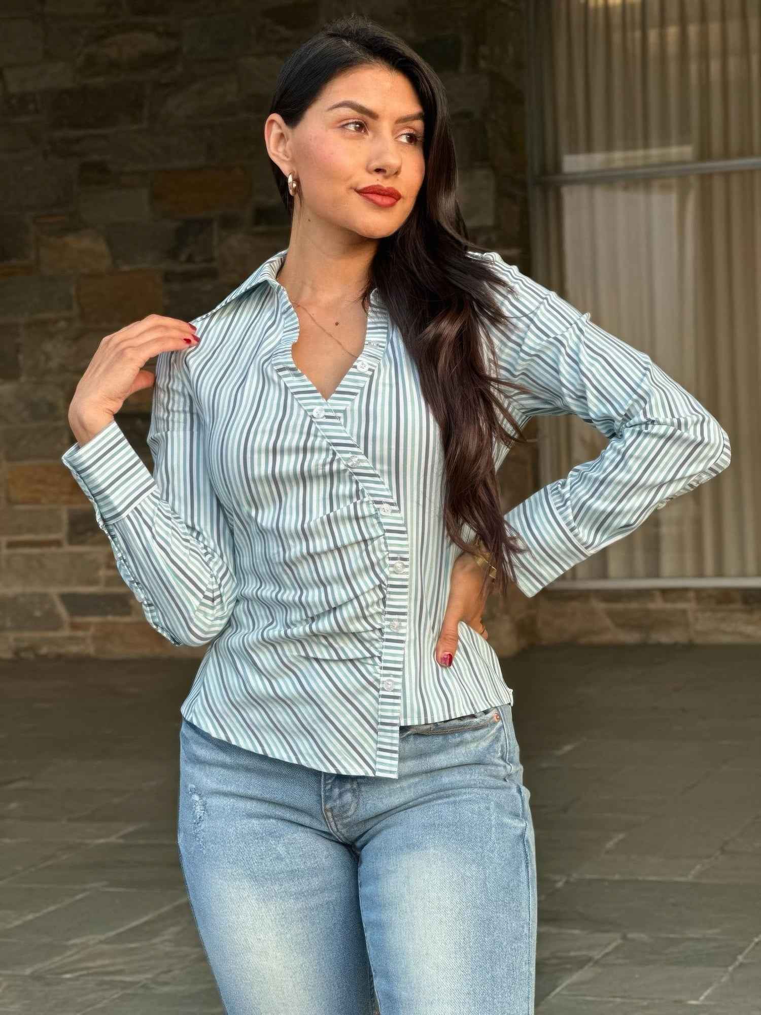 Stripe Asymmetric Button-down Detail Ls Blouse