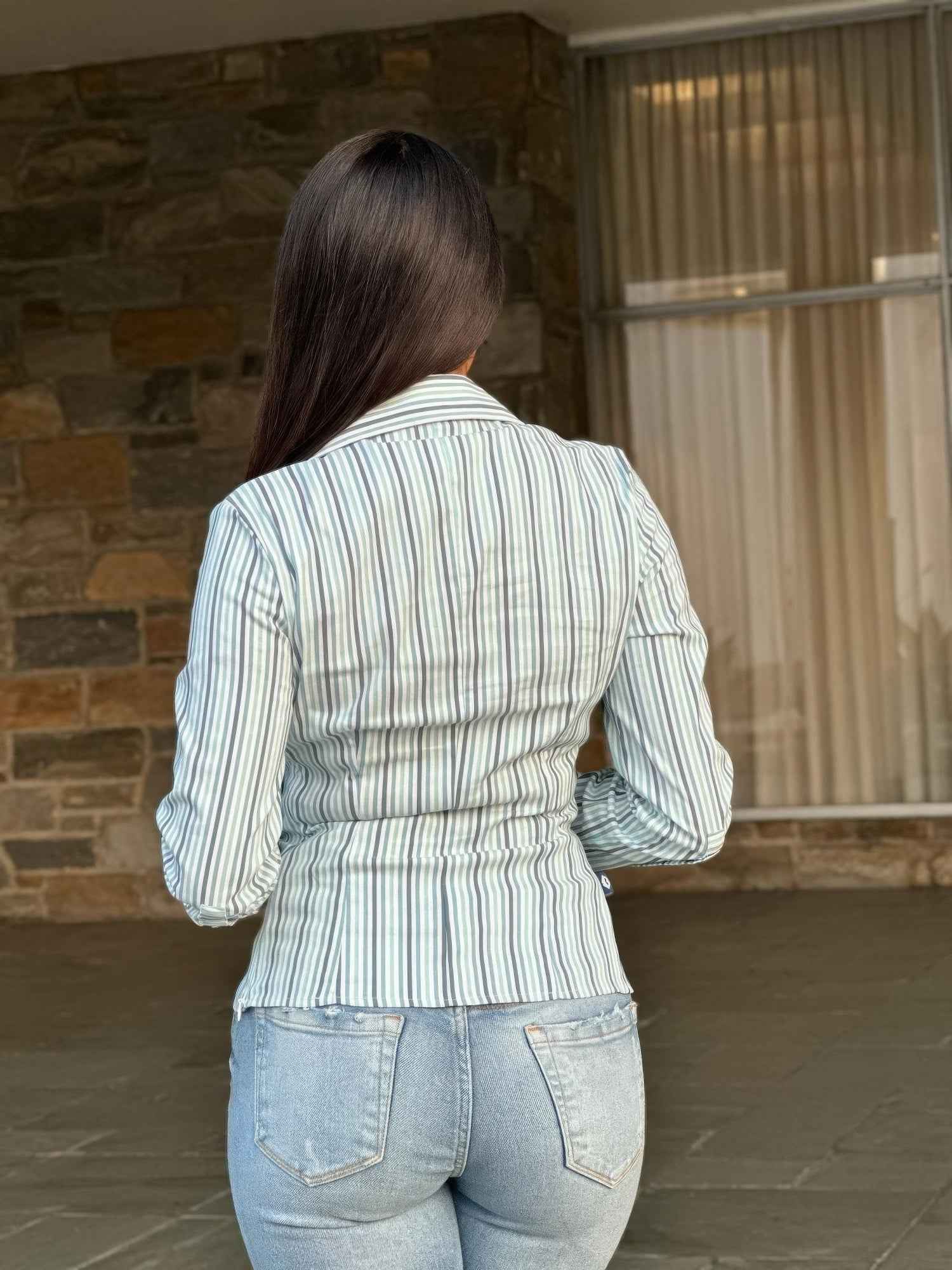 Stripe Asymmetric Button-down Detail Ls Blouse