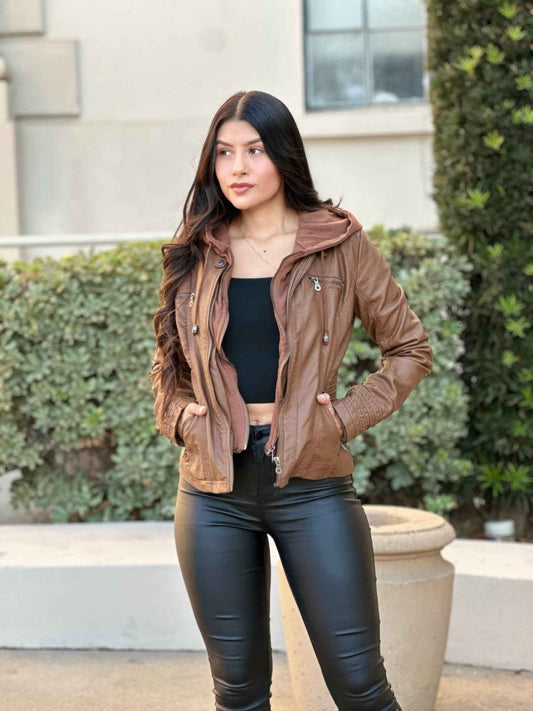 Woman Fashion Hooded Faux Leather Jacket
