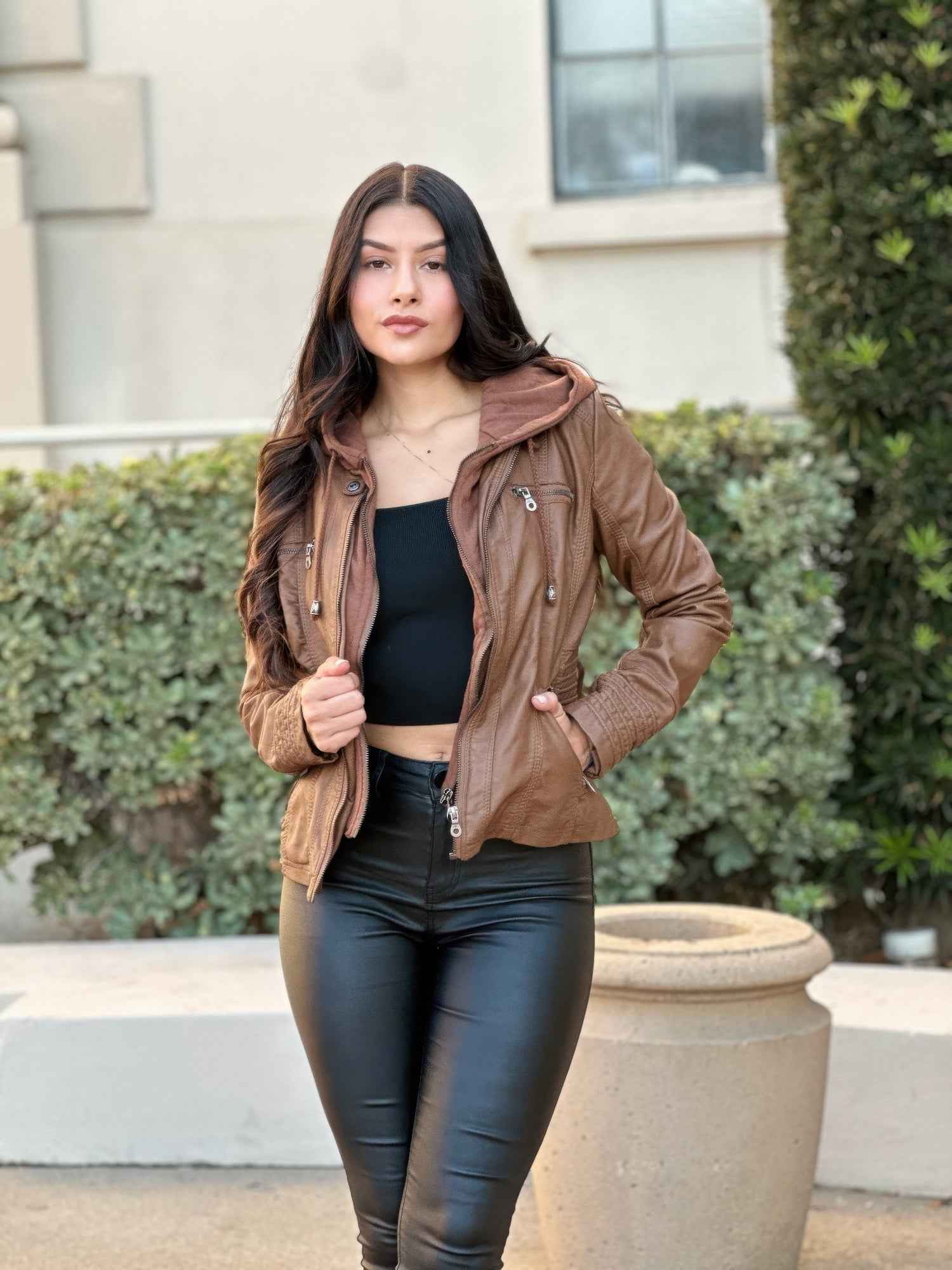Woman Fashion Hooded Faux Leather Jacket