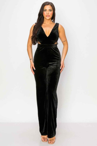 Luxurious Ease Black Lace Cut Out Velvet Jumpsuit