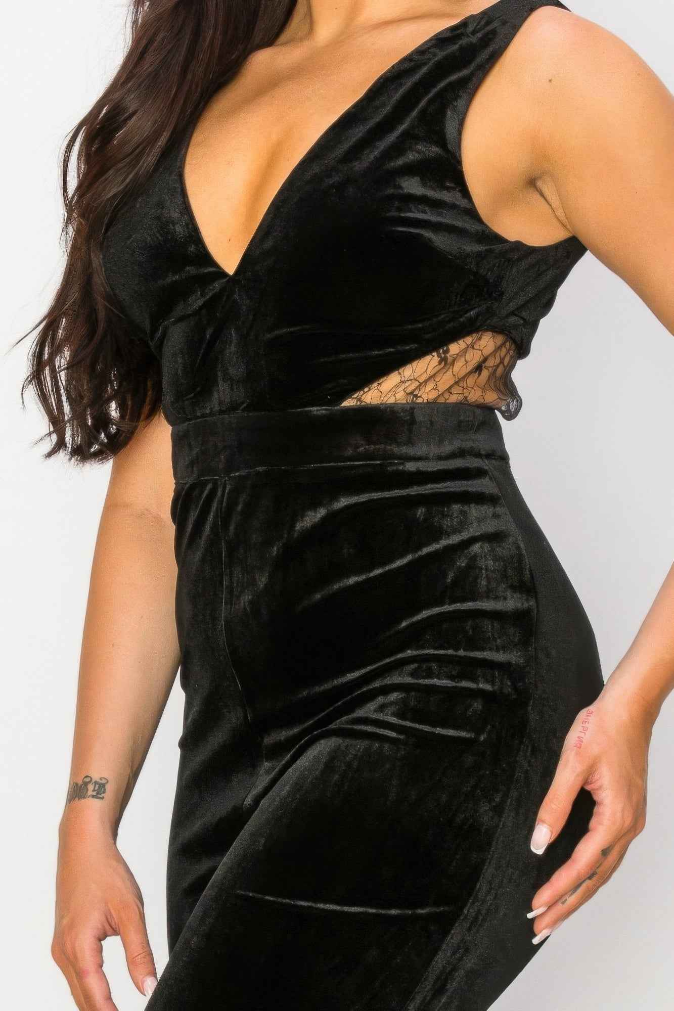 Luxurious Ease Black Lace Cut Out Velvet Jumpsuit