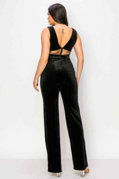 Luxurious Ease Black Lace Cut Out Velvet Jumpsuit