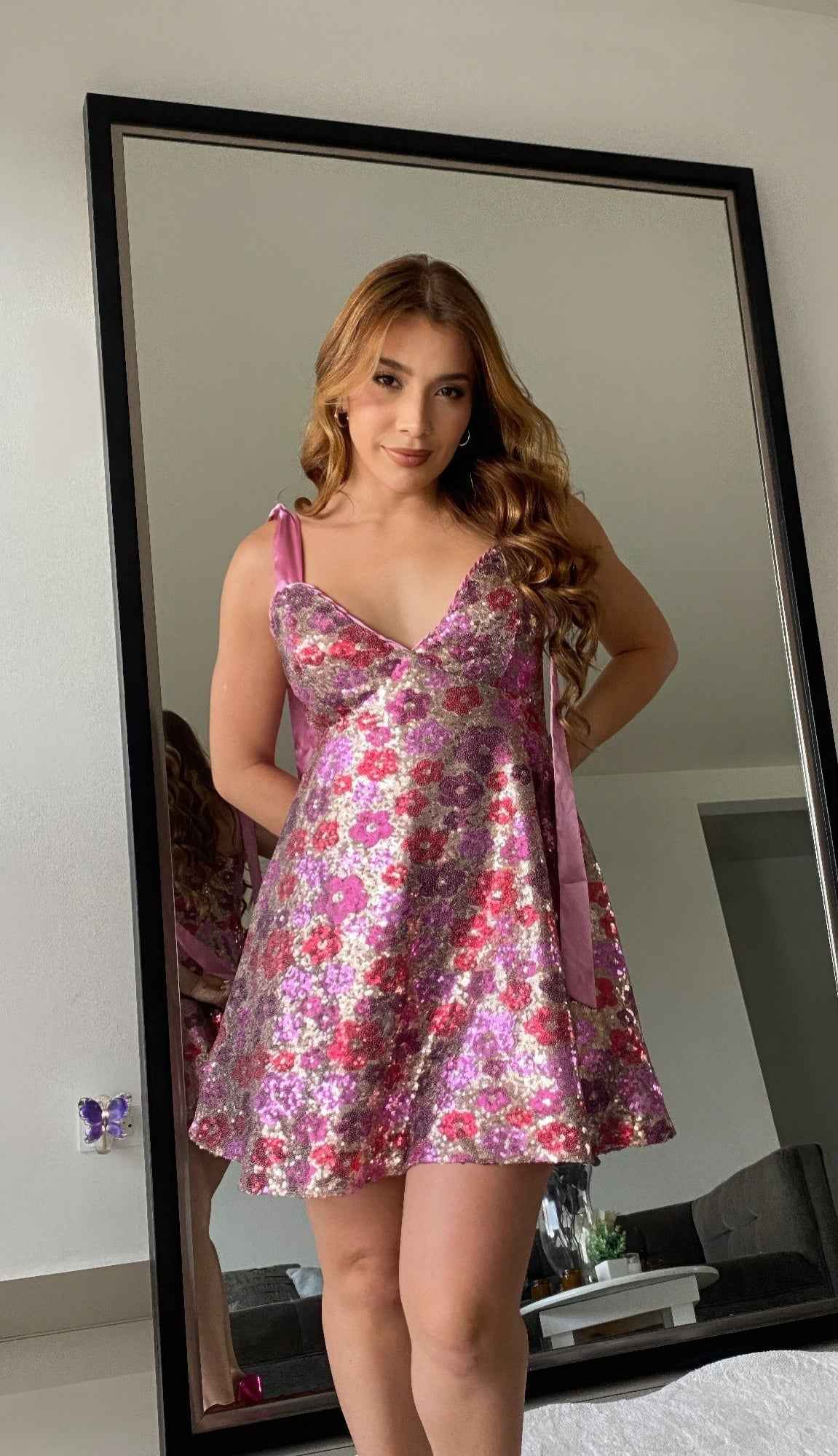 Women's Sequin Floral Mini Dress    Ties On Shoulders