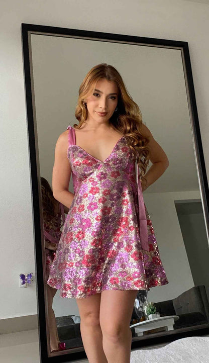 Women's Sequin Floral Mini Dress    Ties On Shoulders