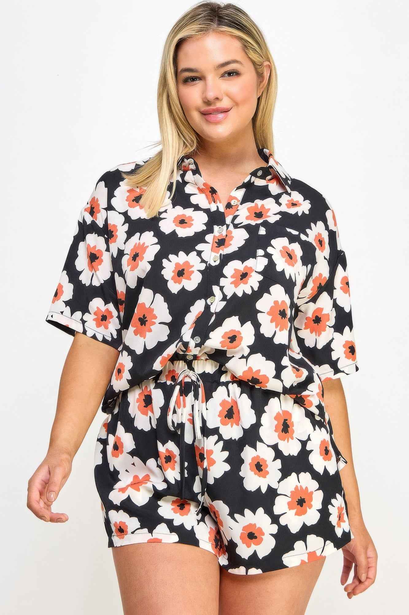 Plus Button Down Shirt And Shorts Set