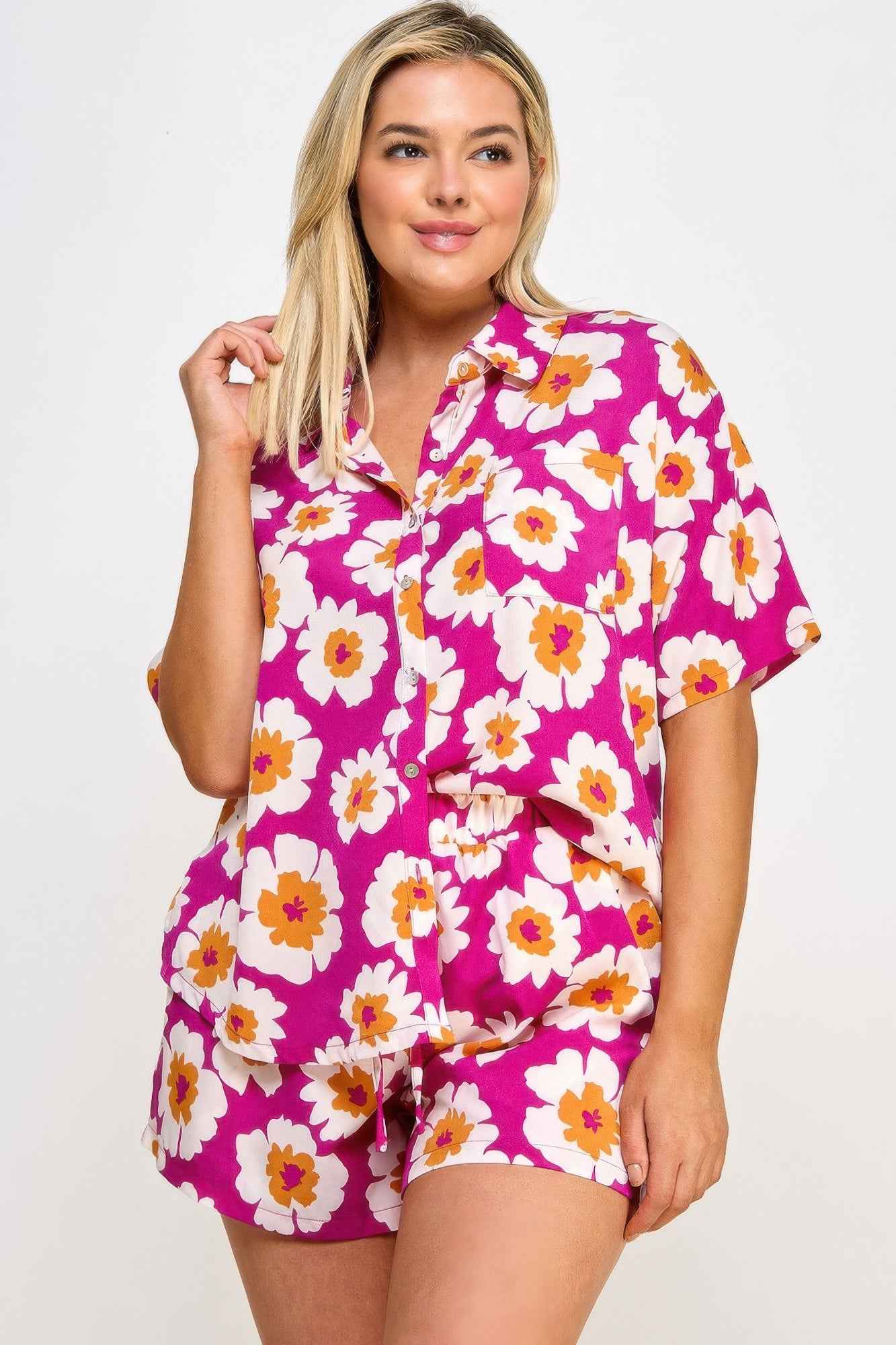 Plus Button Down Shirt And Shorts Set