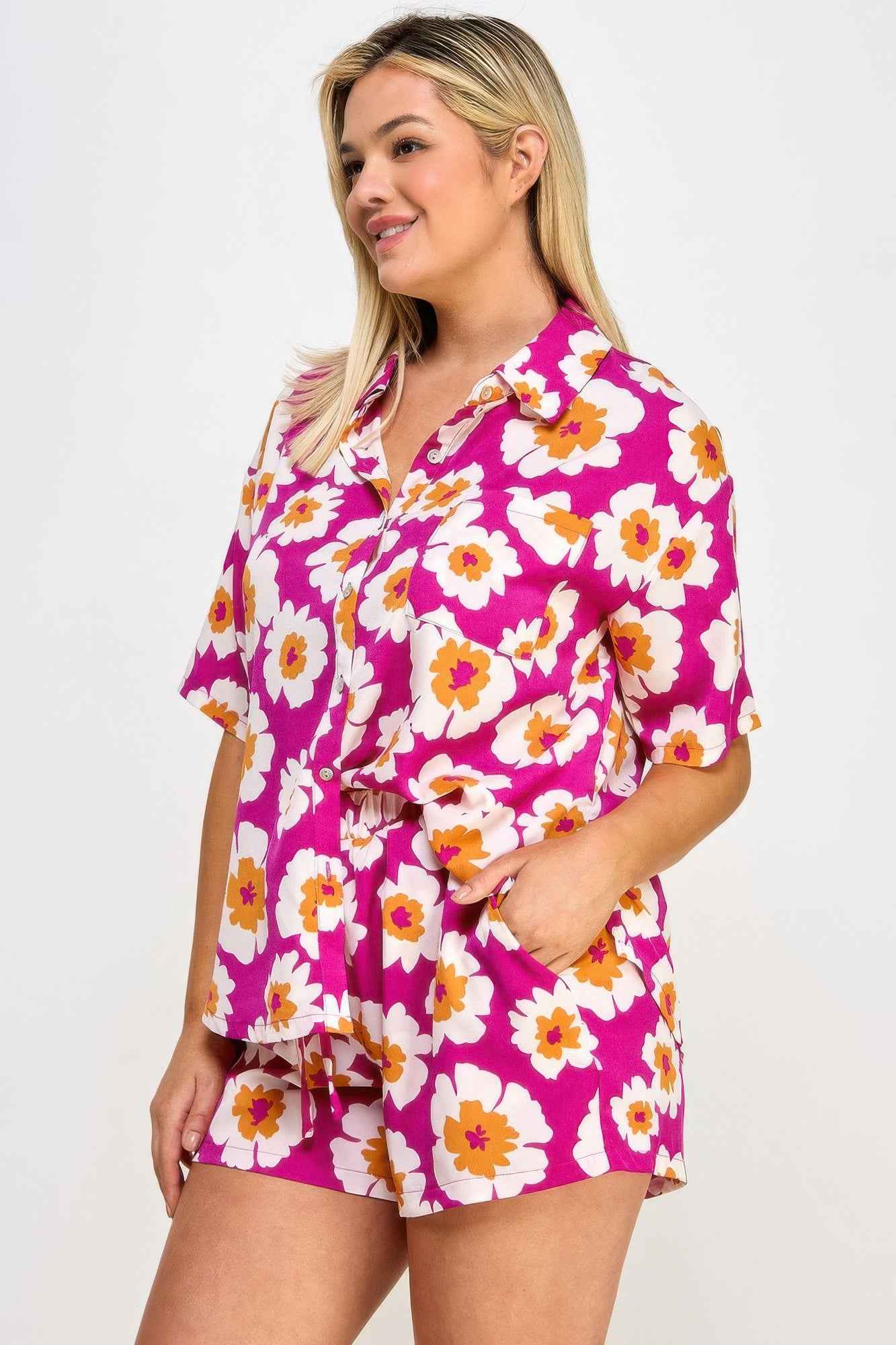 Plus Button Down Shirt And Shorts Set