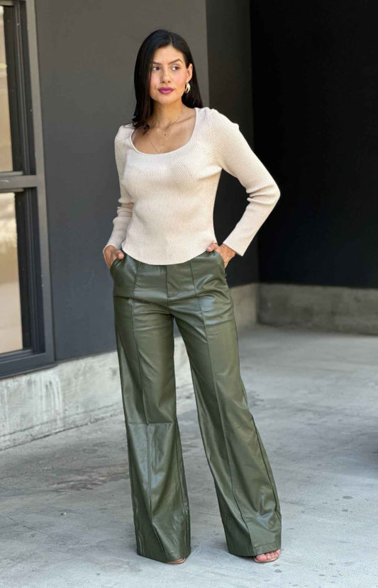 Front Pleated Faux Leather Wide Leg Pants