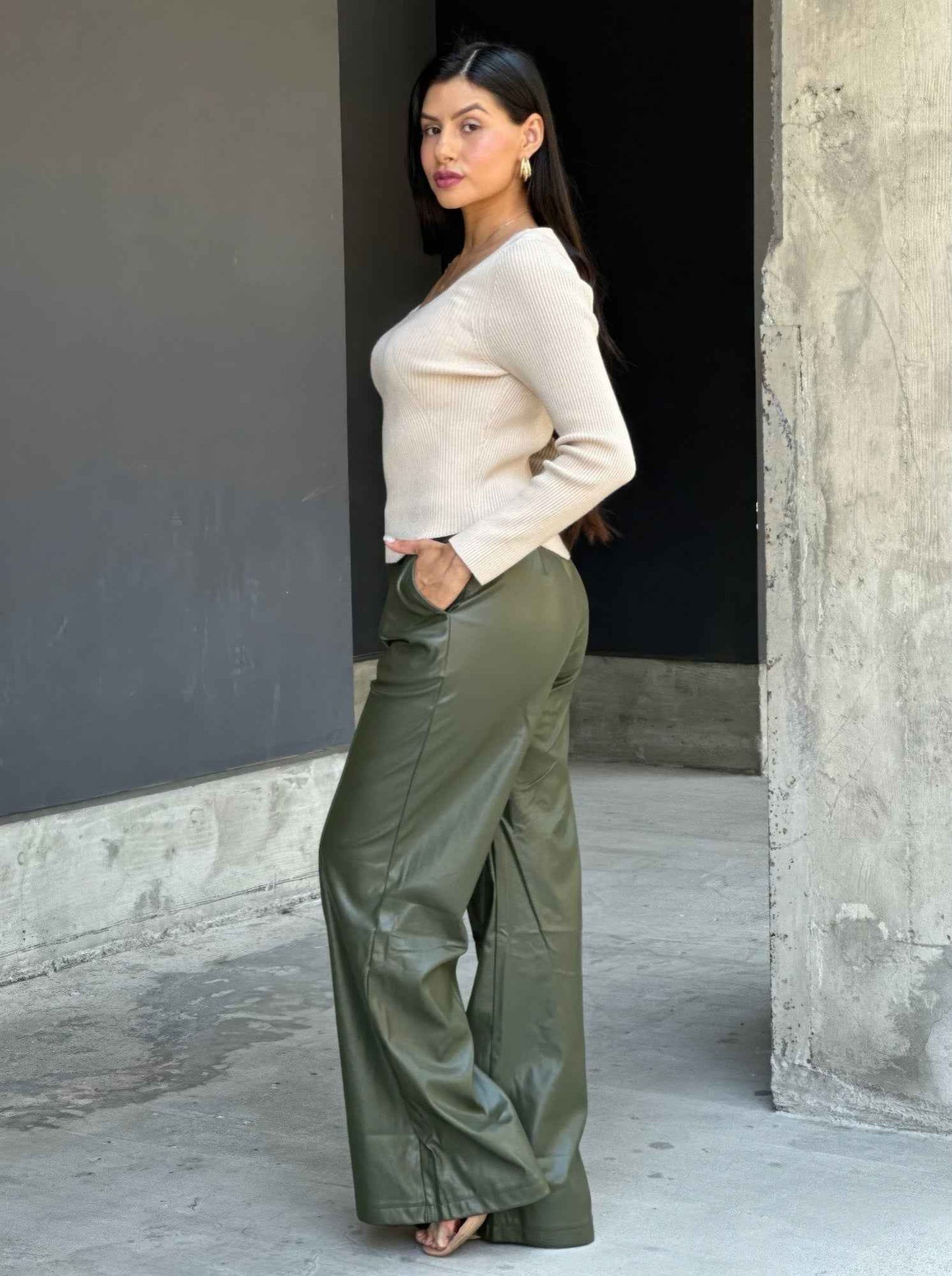 Front Pleated Faux Leather Wide Leg Pants