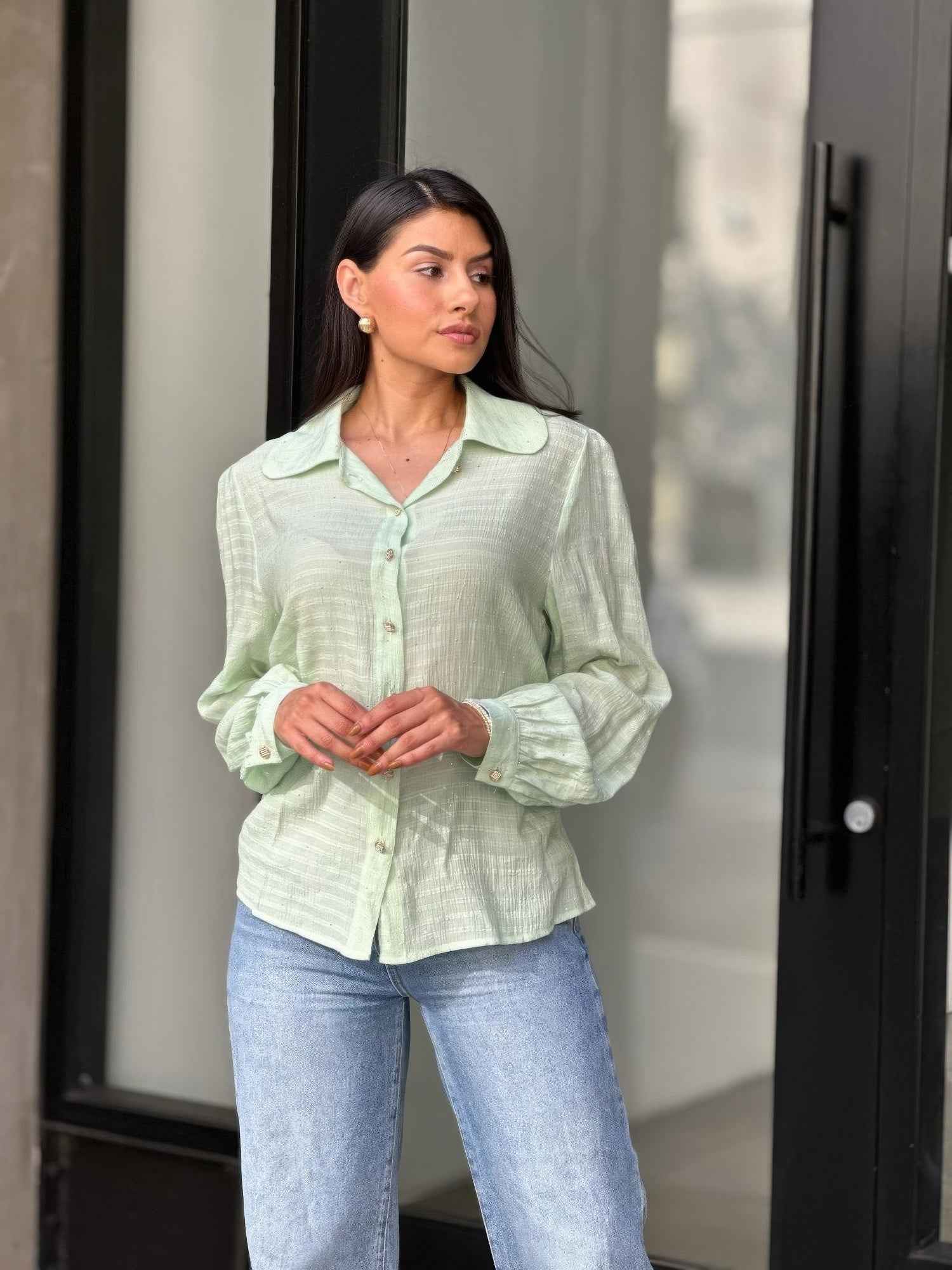 Collar Button Down Rhine Stone Detail Blouse