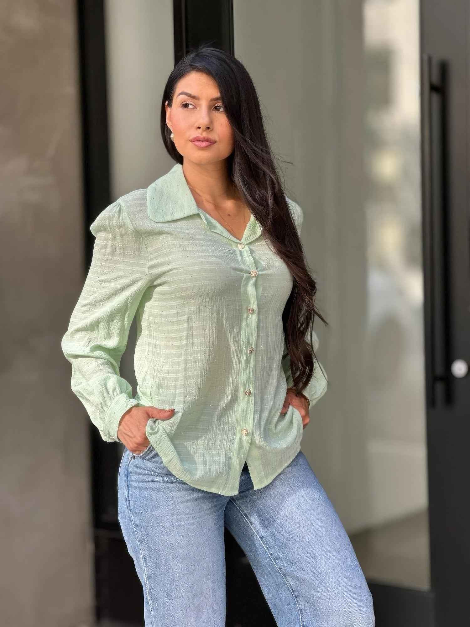 Collar Button Down Rhine Stone Detail Blouse