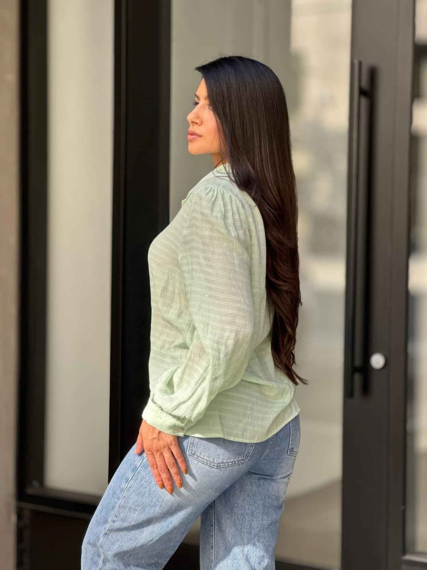 Collar Button Down Rhine Stone Detail Blouse