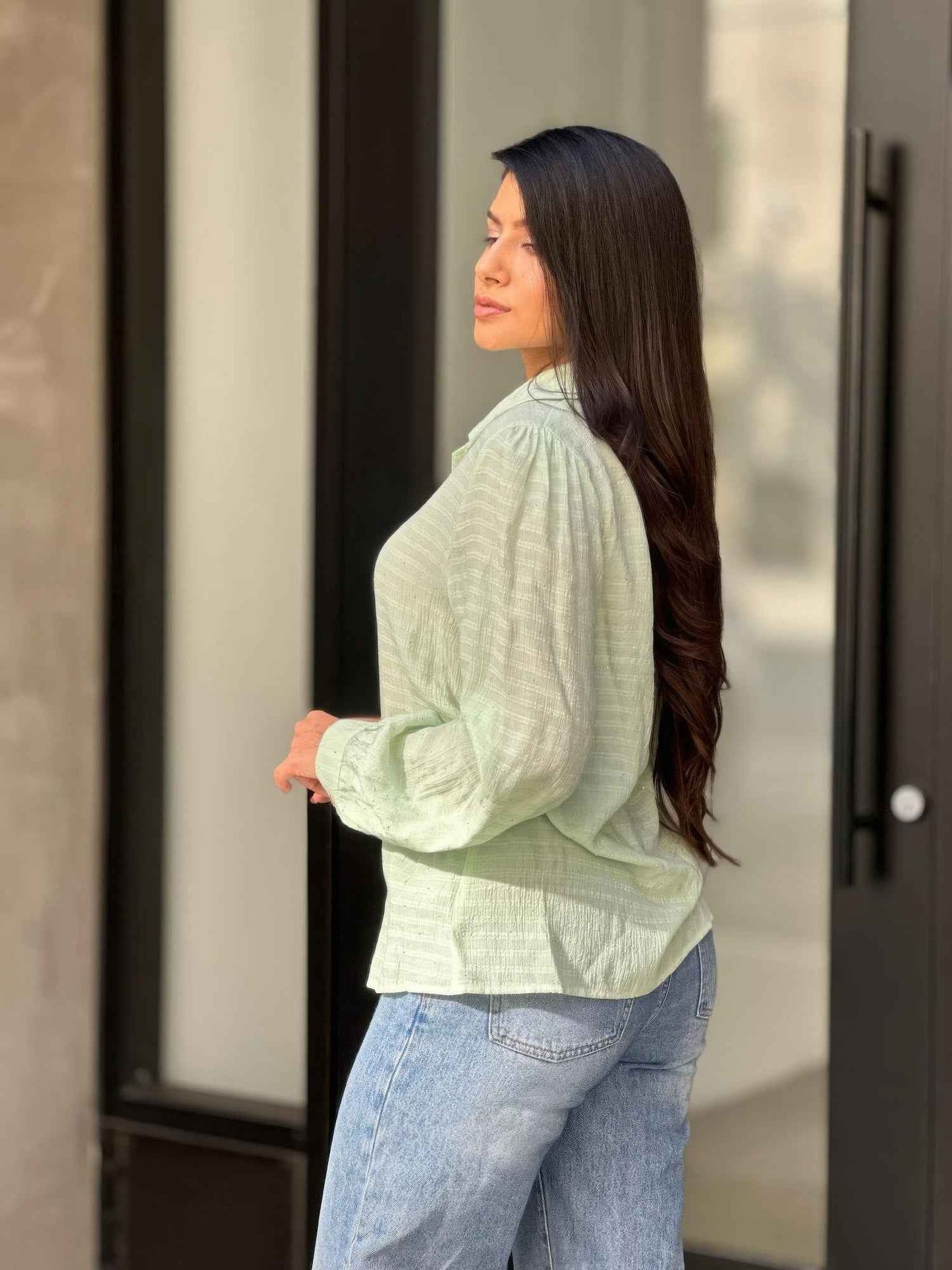 Collar Button Down Rhine Stone Detail Blouse