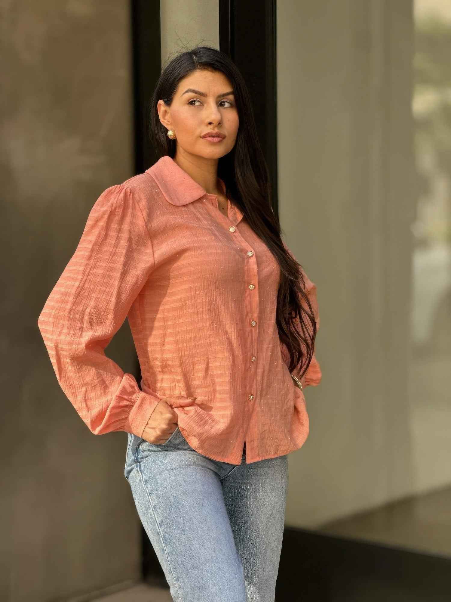 Collar Button Down Rhine Stone Detail Blouse