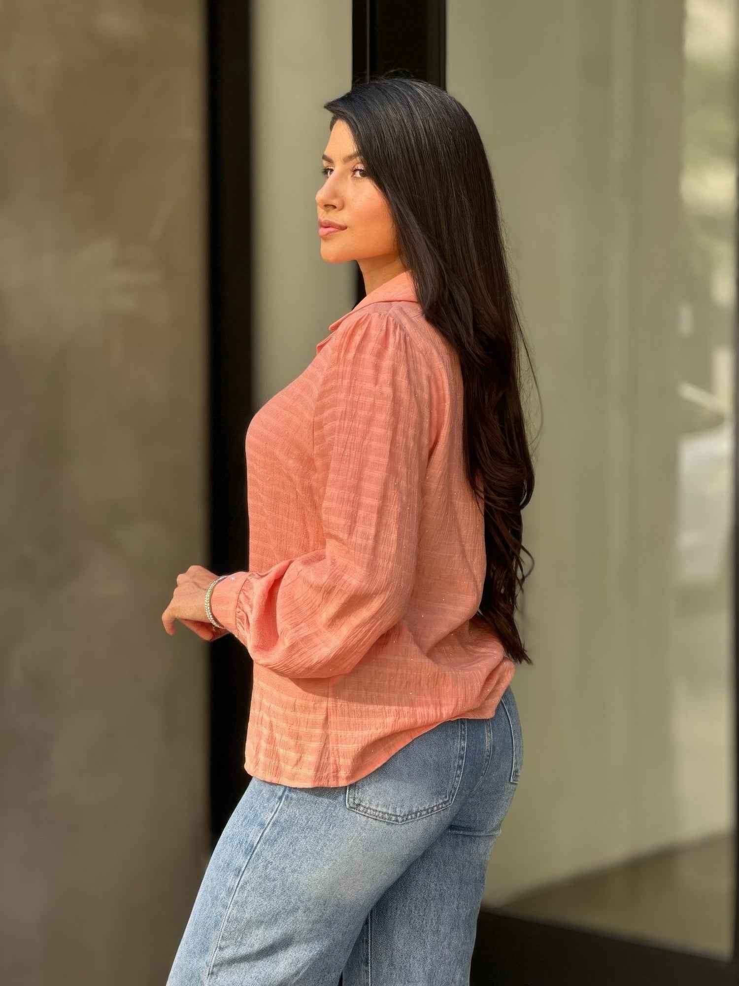 Collar Button Down Rhine Stone Detail Blouse