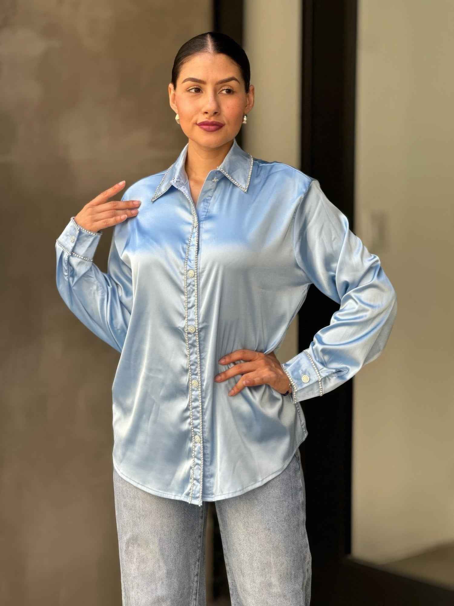 Rhinestone Diamond Lined Button Down Satin Blouse
