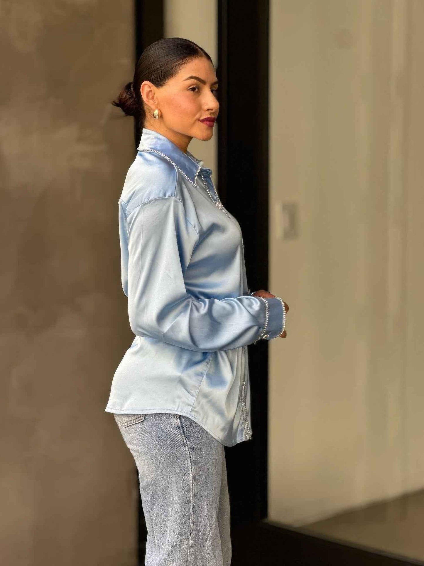 Rhinestone Diamond Lined Button Down Satin Blouse