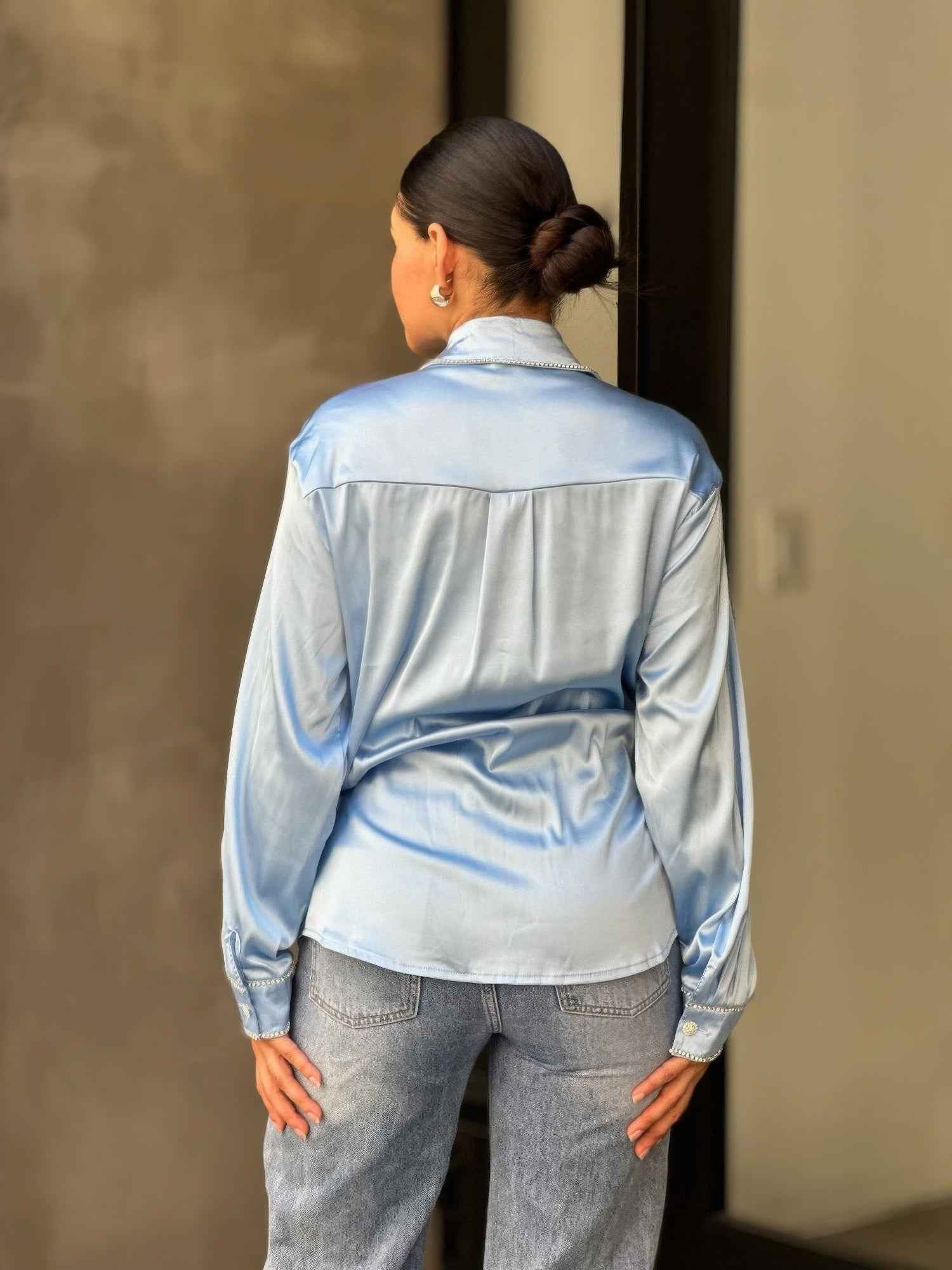 Rhinestone Diamond Lined Button Down Satin Blouse