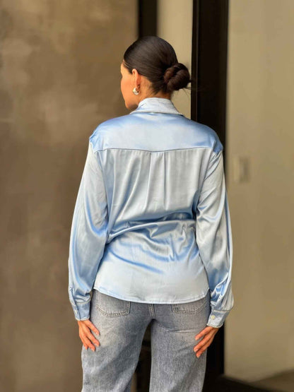 Rhinestone Diamond Lined Button Down Satin Blouse