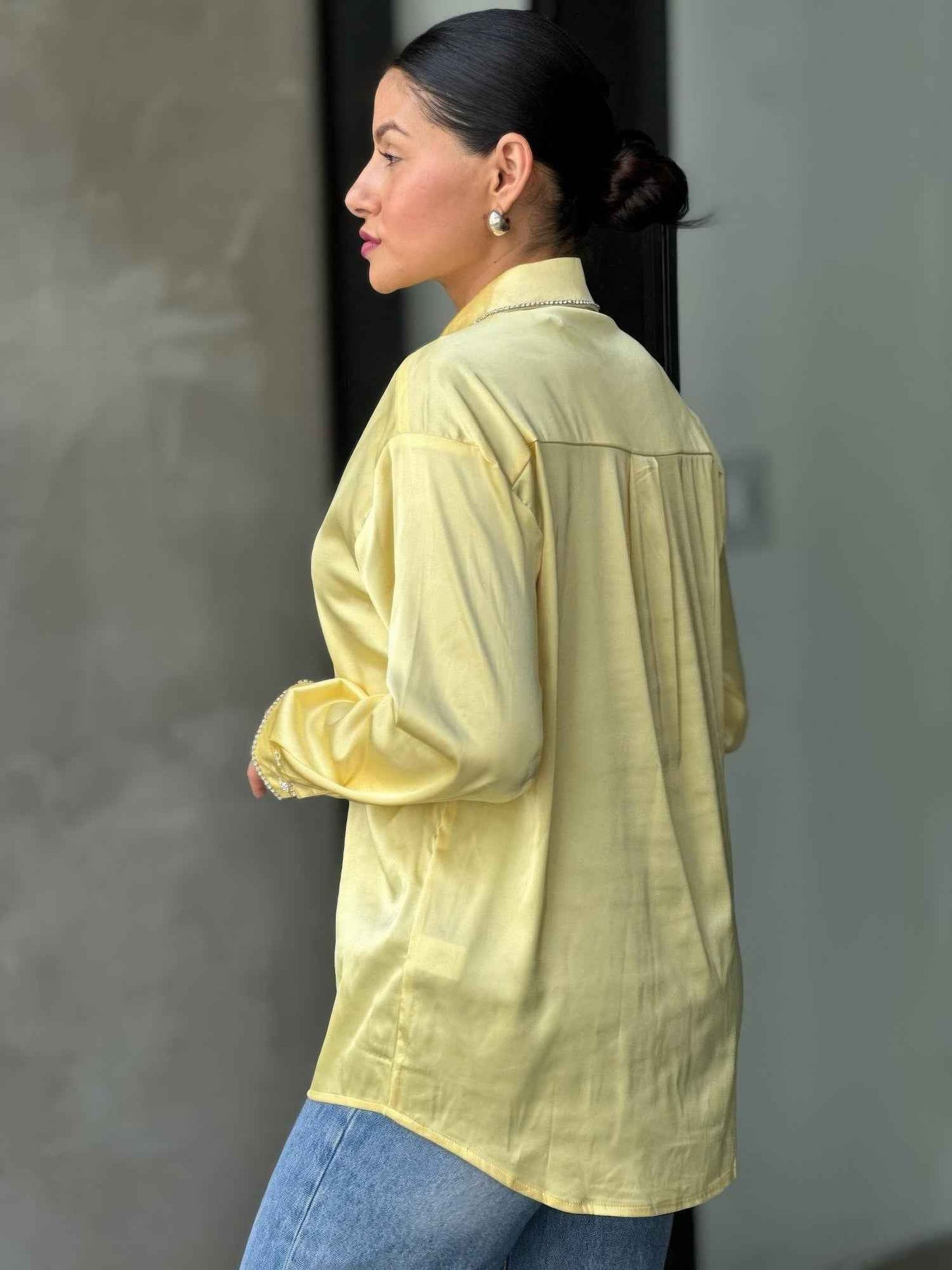 Rhinestone Diamond Lined Button Down Satin Blouse