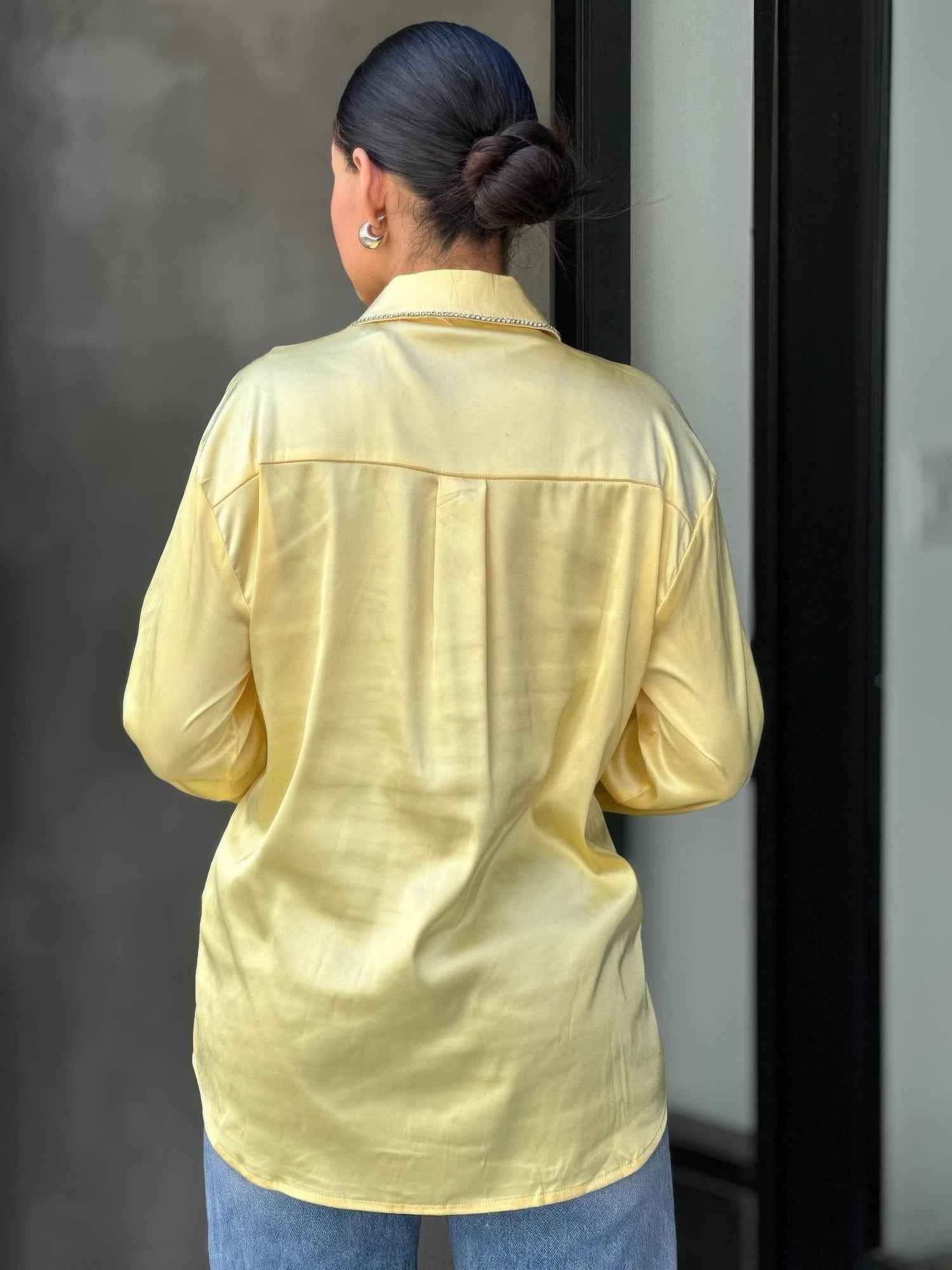 Rhinestone Diamond Lined Button Down Satin Blouse