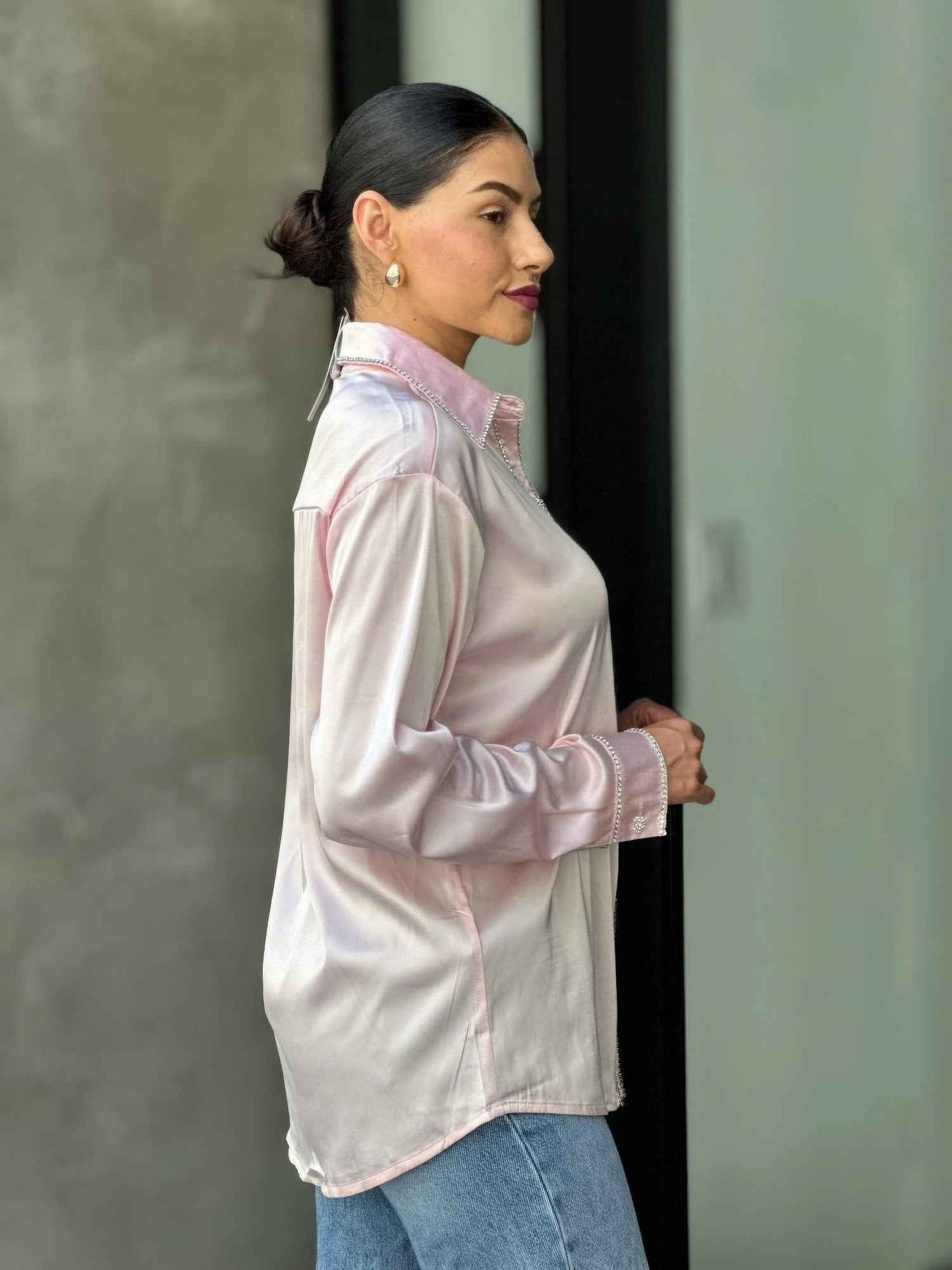 Rhinestone Diamond Lined Button Down Satin Blouse