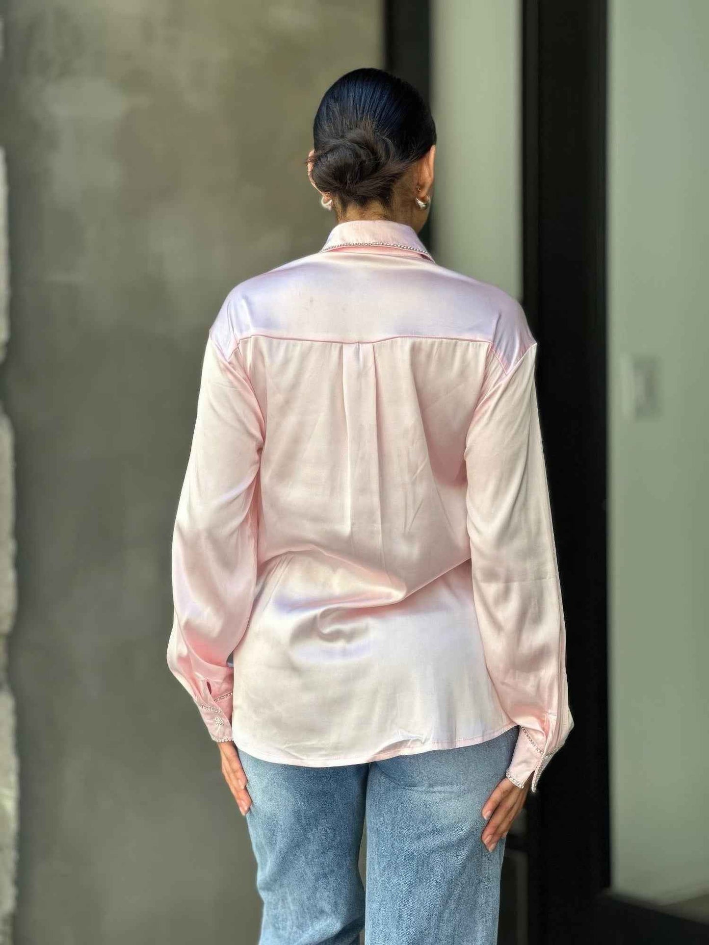 Rhinestone Diamond Lined Button Down Satin Blouse