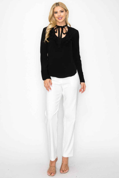 Ruffle Detail Front Tie V-neck Long Sleeve Blouse