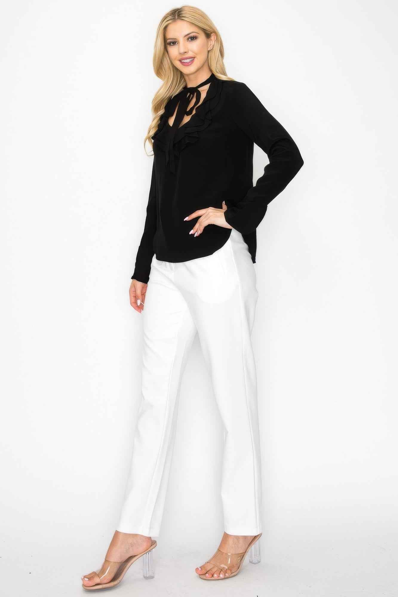Ruffle Detail Front Tie V-neck Long Sleeve Blouse