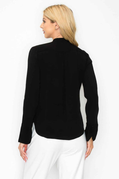 Ruffle Detail Front Tie V-neck Long Sleeve Blouse