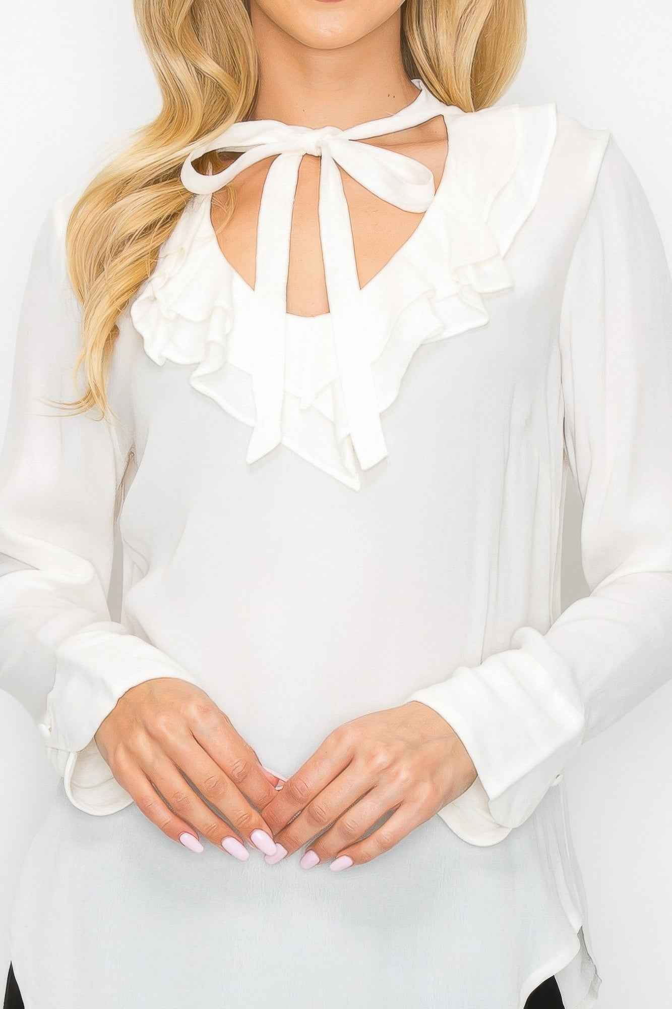 Ruffle Detail Front Tie V-neck Long Sleeve Blouse