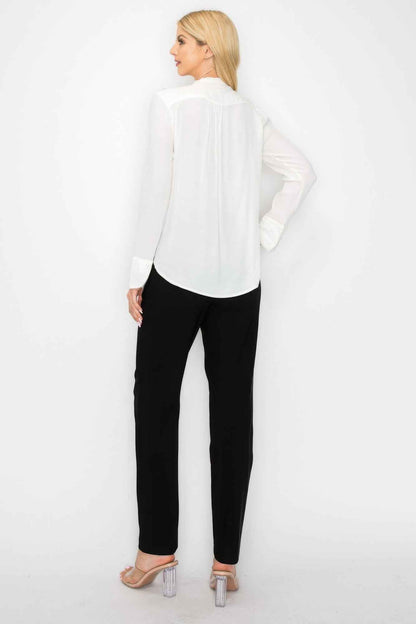 Ruffle Detail Front Tie V-neck Long Sleeve Blouse