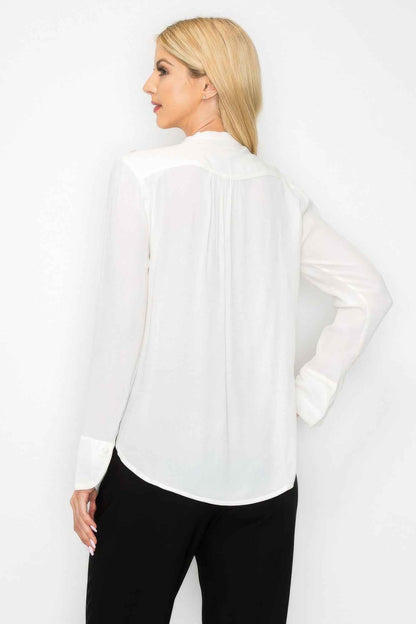 Ruffle Detail Front Tie V-neck Long Sleeve Blouse