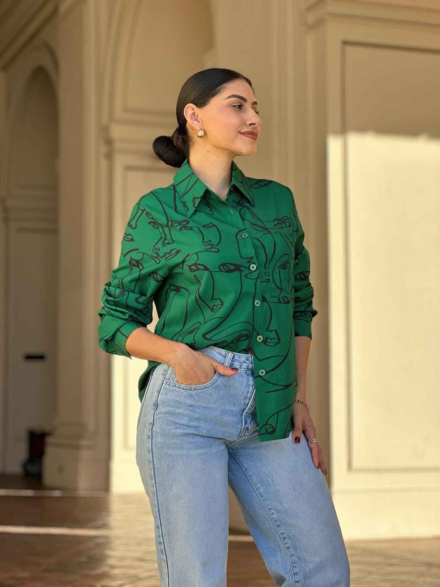 Face Print Long Sleeve Button Down Blouse