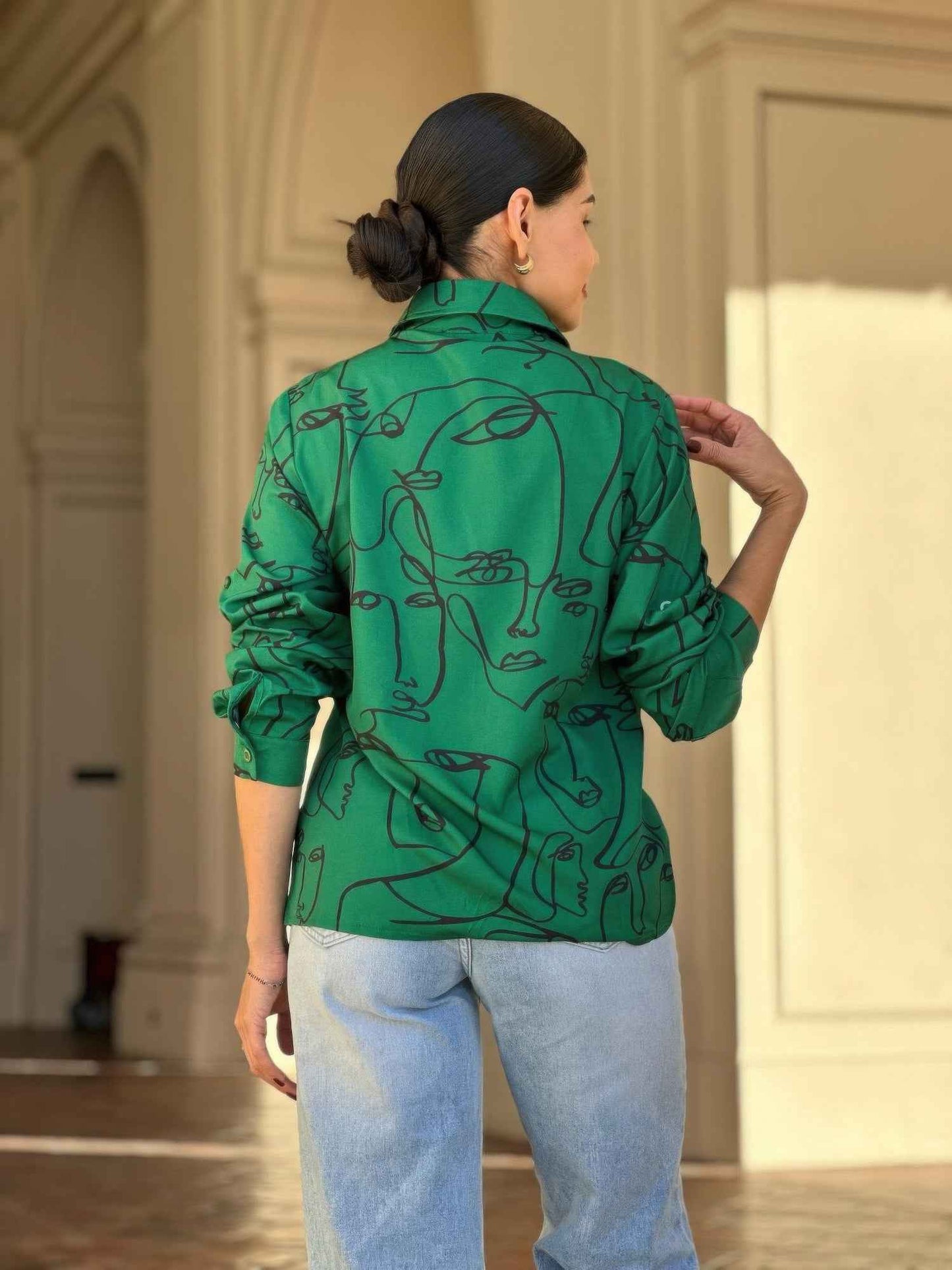 Face Print Long Sleeve Button Down Blouse