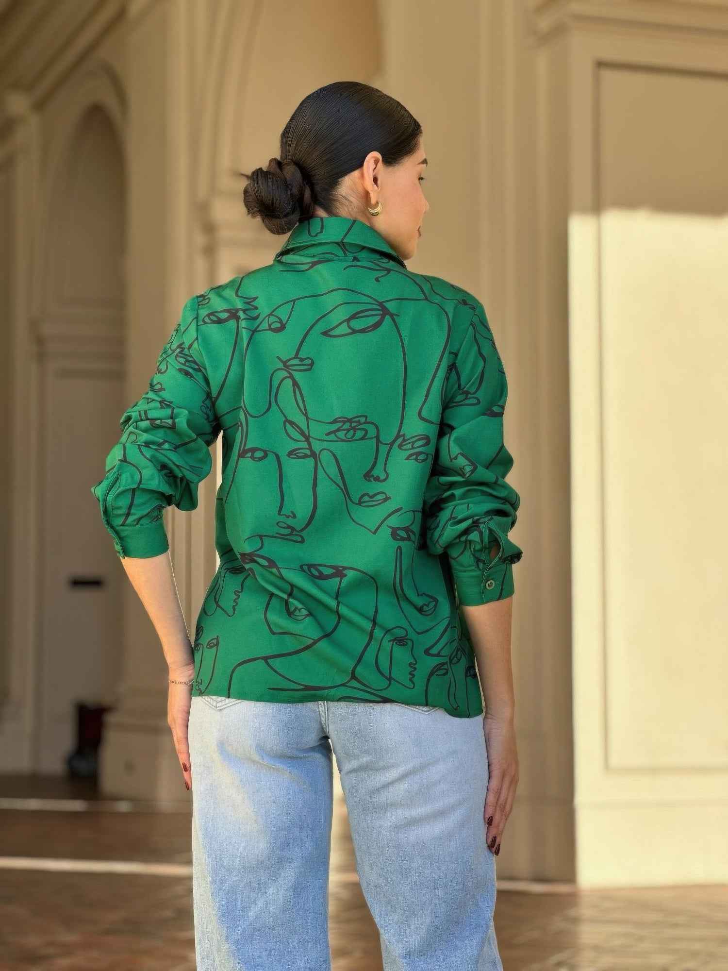 Face Print Long Sleeve Button Down Blouse