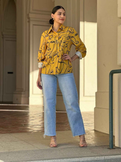 Face Print Long Sleeve Button Down Blouse