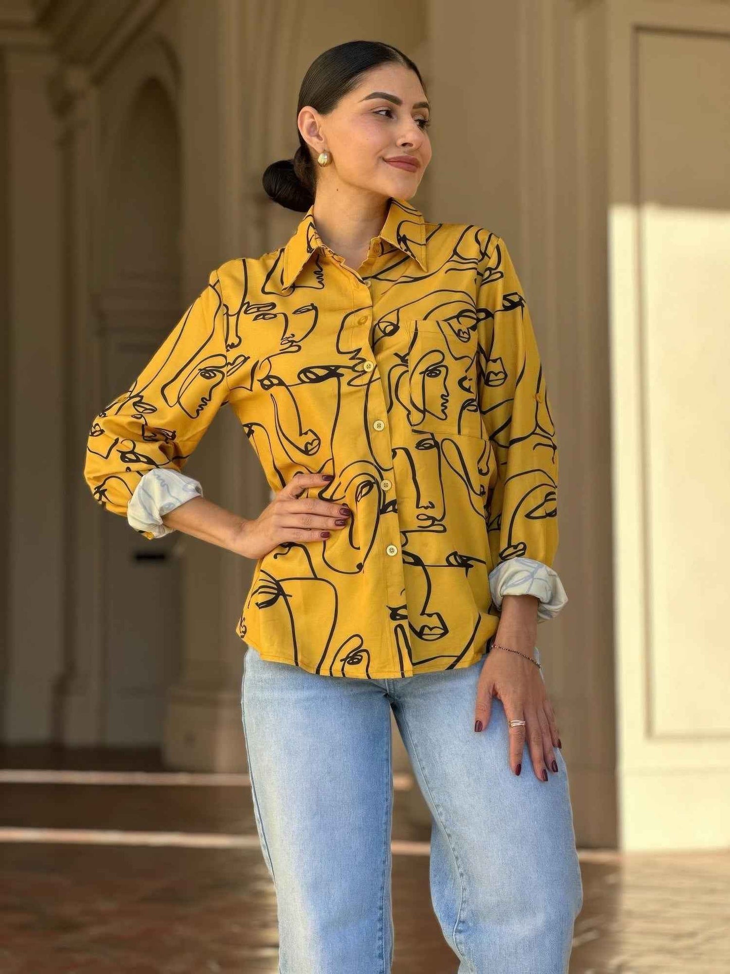 Face Print Long Sleeve Button Down Blouse