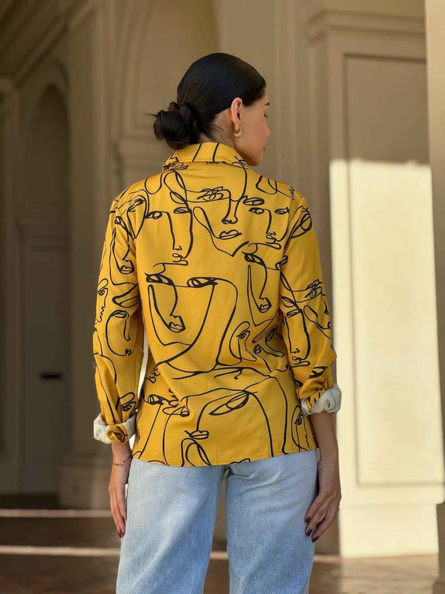 Face Print Long Sleeve Button Down Blouse