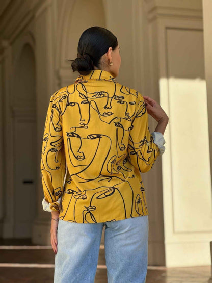 Face Print Long Sleeve Button Down Blouse