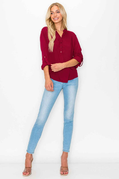Button Detail Collar Woven Roll Up Sleeve Blouse