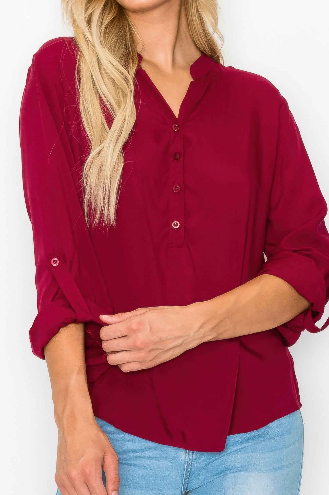 Button Detail Collar Woven Roll Up Sleeve Blouse