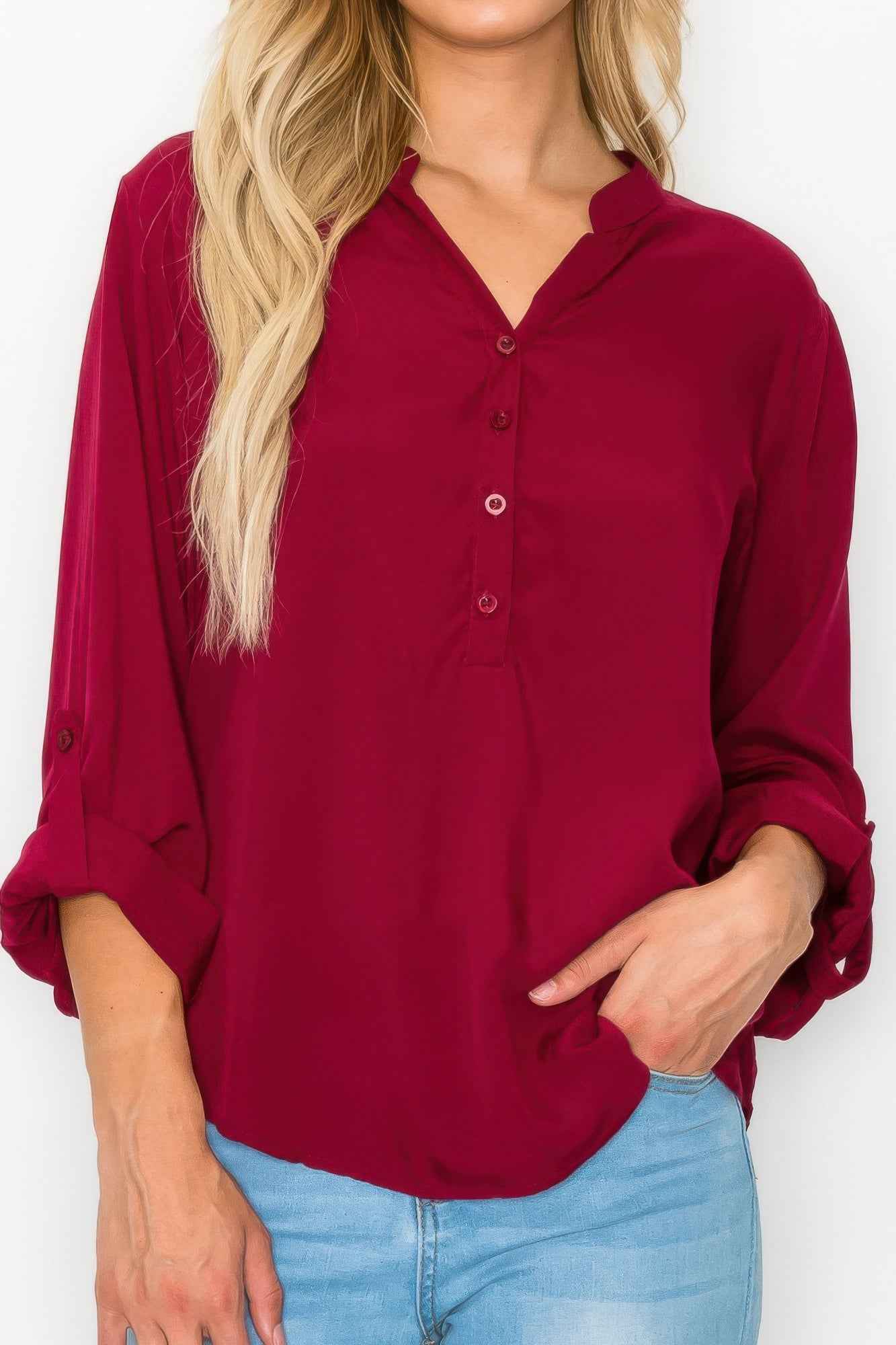 Button Detail Collar Woven Roll Up Sleeve Blouse