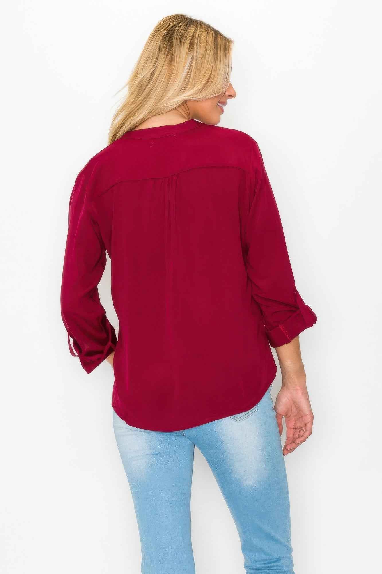 Button Detail Collar Woven Roll Up Sleeve Blouse