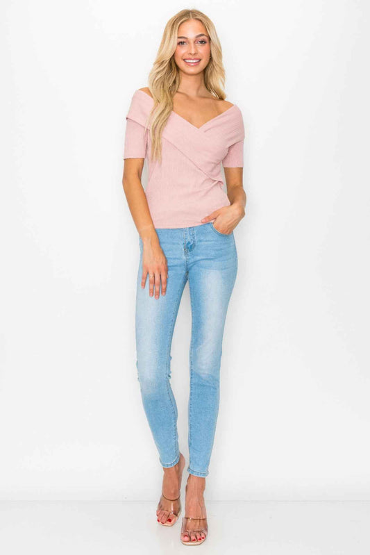 Off The Shoulder Crisscross Ribbed Top