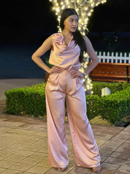 Satin Wide Leg Pants & Flower Sleeveless Top Set