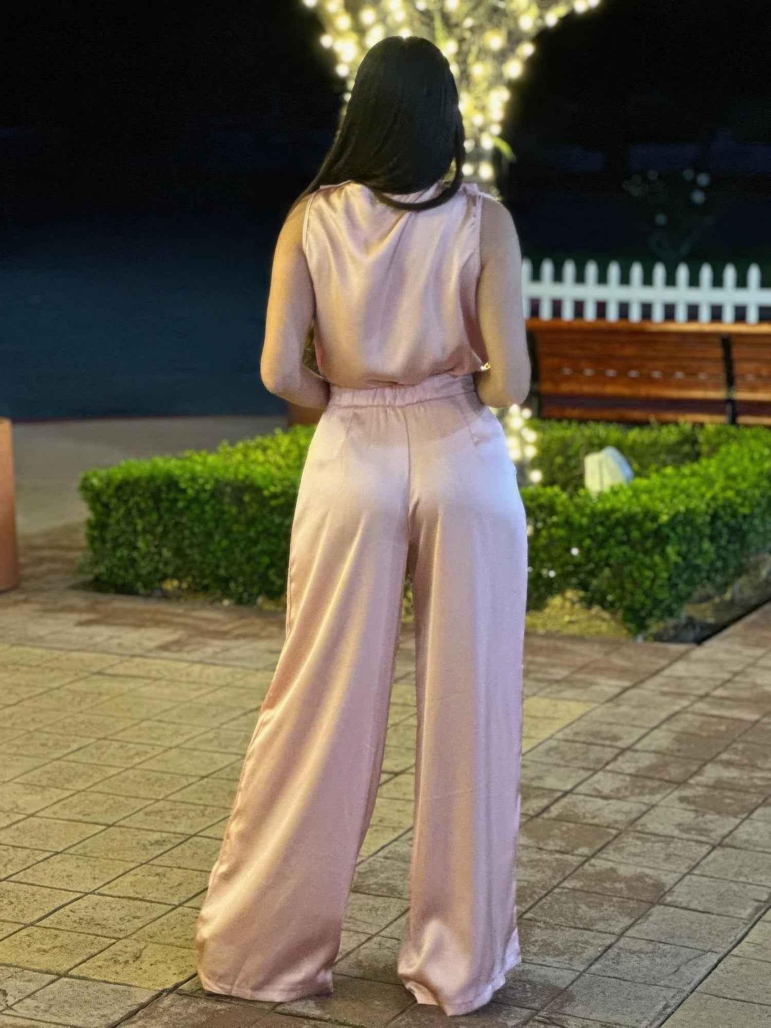 Satin Wide Leg Pants & Flower Sleeveless Top Set