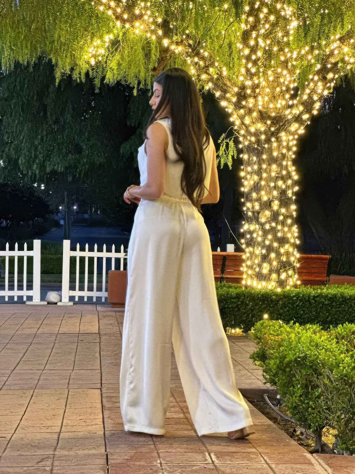 Satin Wide Leg Pants & Flower Sleeveless Top Set