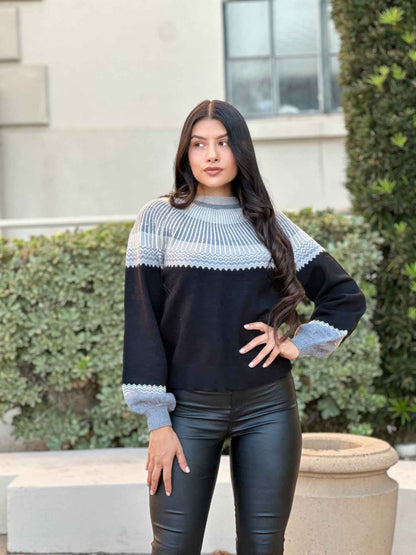 Neutral Color Block Knit Pull Out Sweater